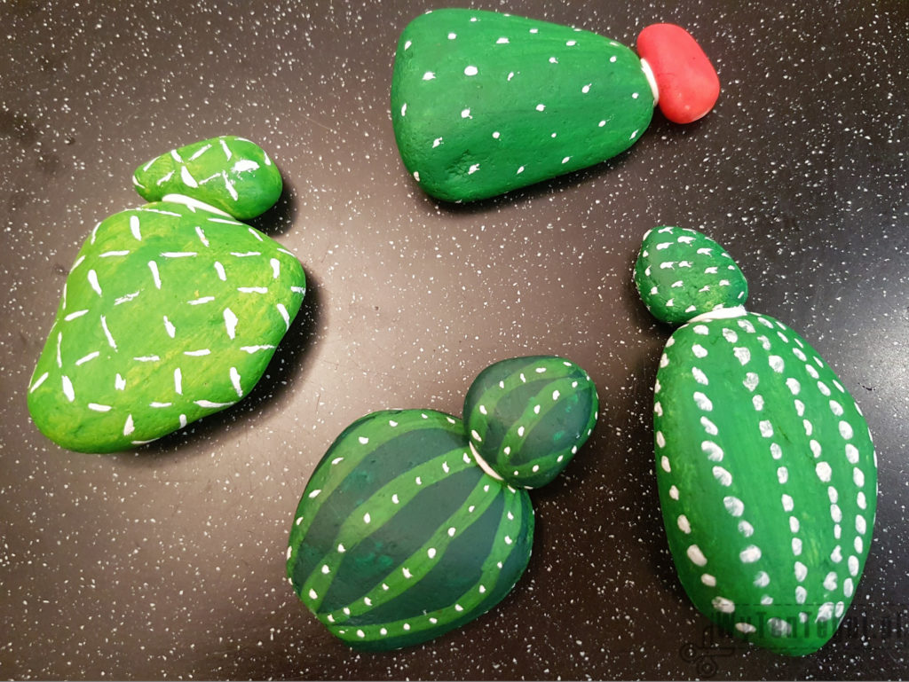 Kaktusy z malowanych kamieni