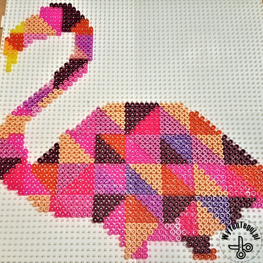 Perler beads flamingo in progress