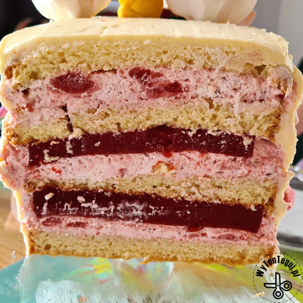 A cross-section of a strawberry cake