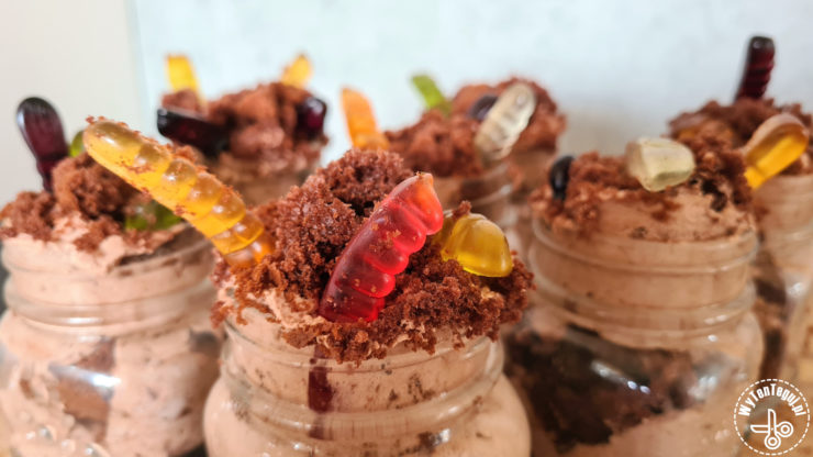 Dirt and worms dessert in a jar