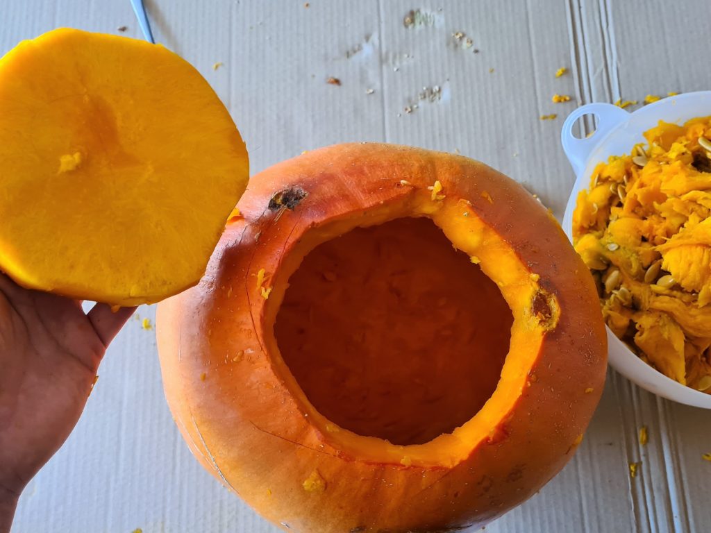 Making of pumpkin lantern - hollowing out the pumpkin