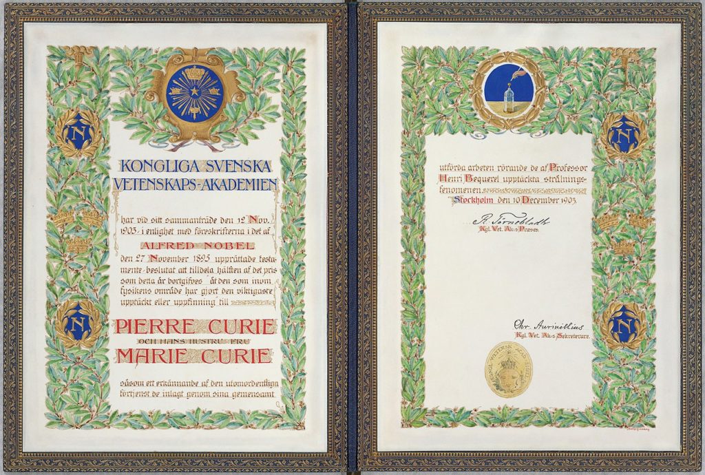 Dyplom Nobla z 1903 dla Piotra i Marii Curie