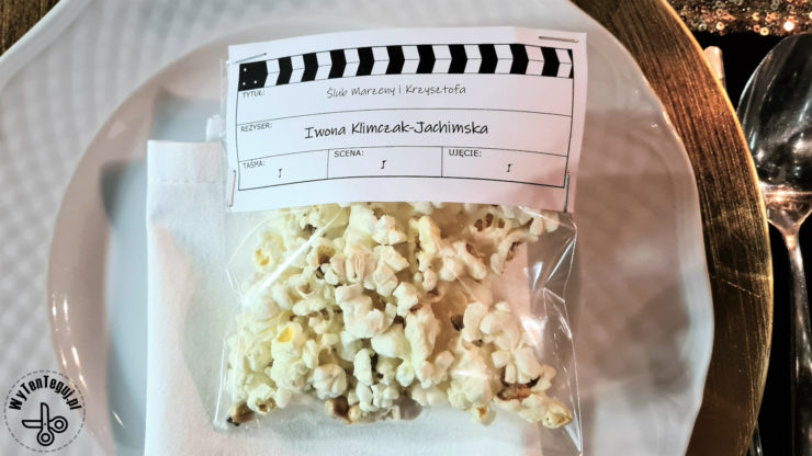 Winietki ślubne klaps filmowy z popcornem